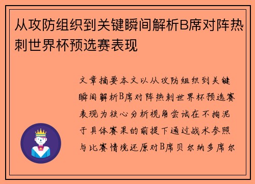 从攻防组织到关键瞬间解析B席对阵热刺世界杯预选赛表现