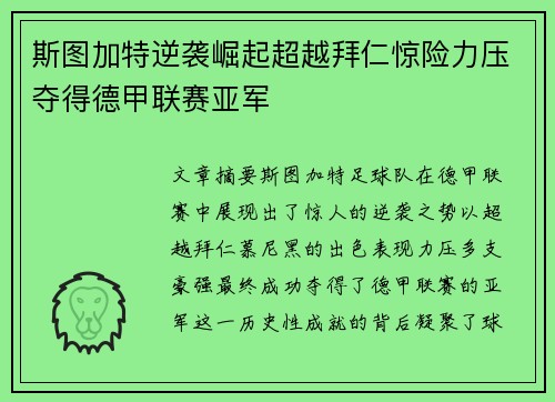 斯图加特逆袭崛起超越拜仁惊险力压夺得德甲联赛亚军