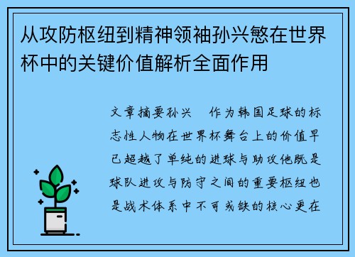从攻防枢纽到精神领袖孙兴慜在世界杯中的关键价值解析全面作用 从攻防枢纽到精神领袖孙兴慜在世界杯中的关键价值解析全面作用